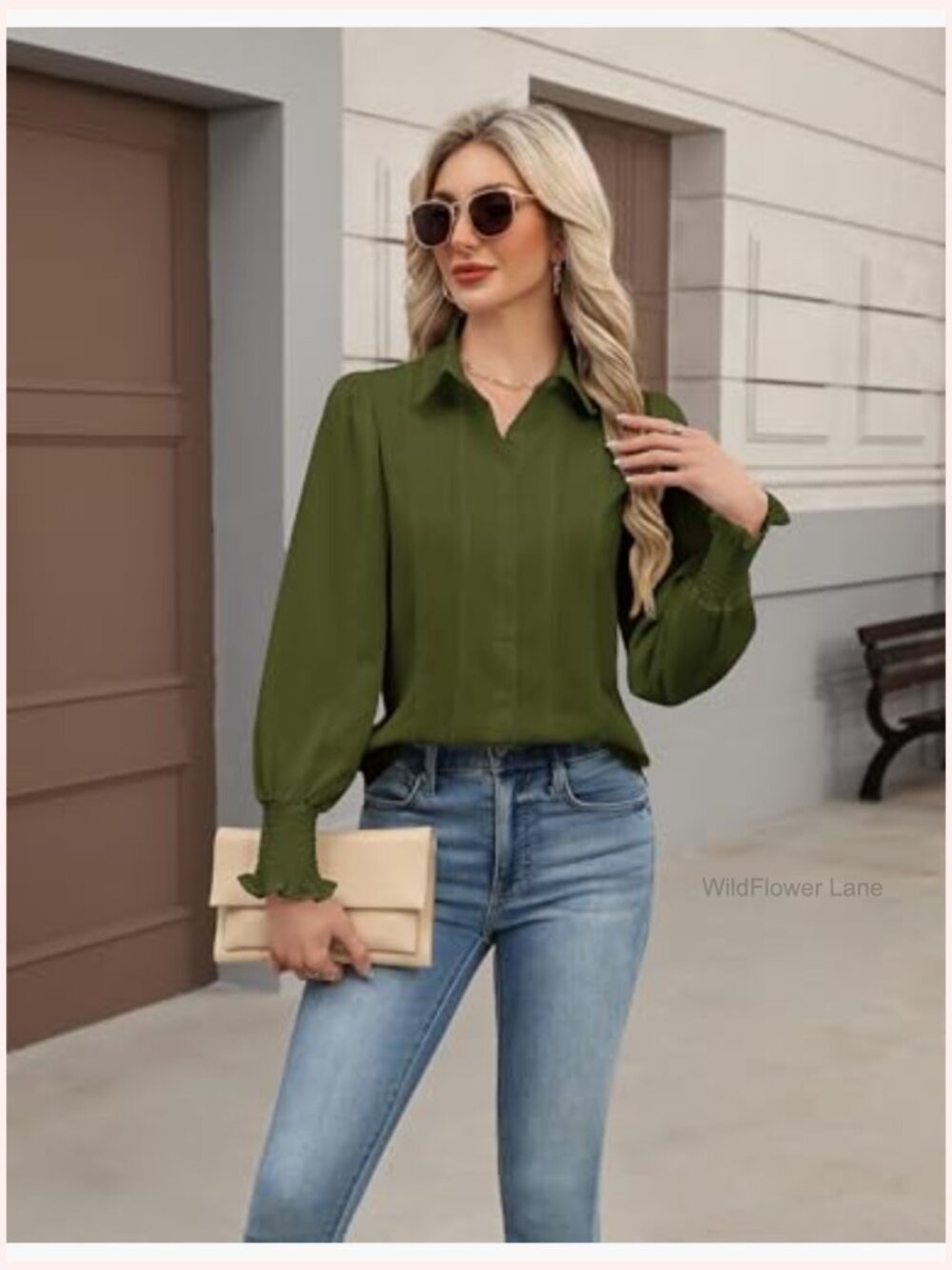 Women's Dressy Casual Button Down Blouse Business Work Top Smocked Cuffed - Picture 5 of 7